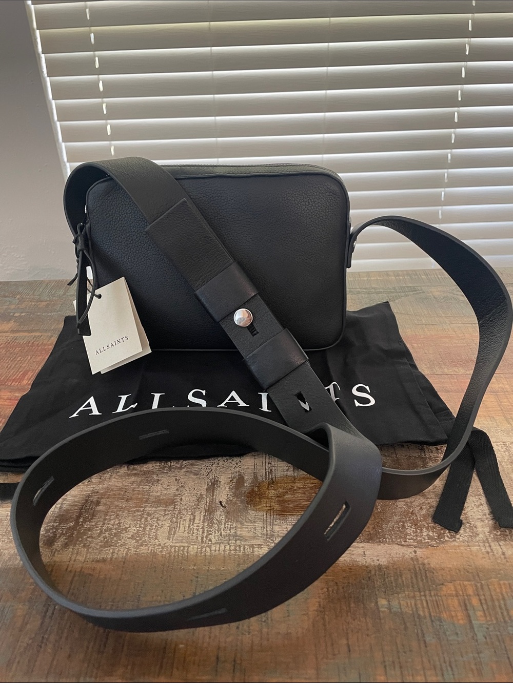AllSaints Black Pebbled Leather Messenger Crossbody Bag w/ Silver Accents